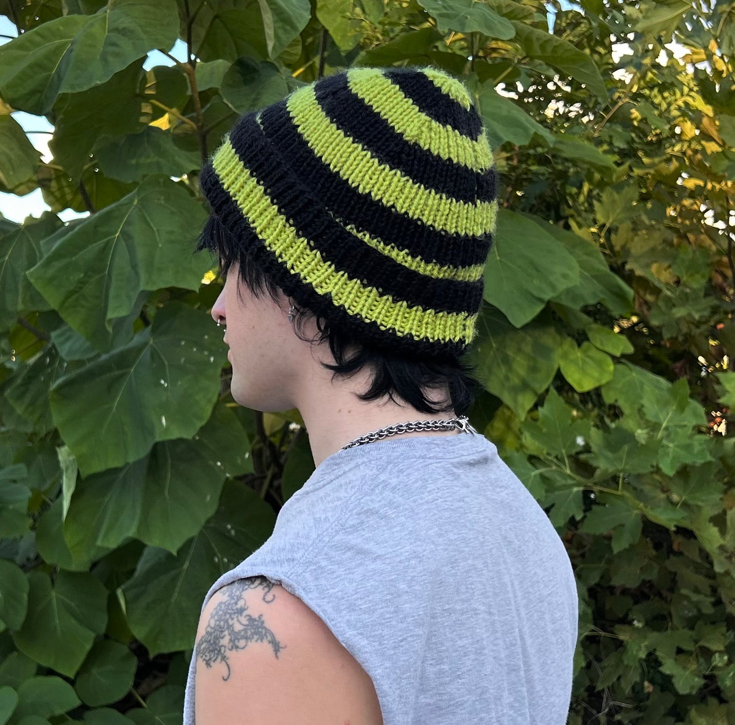 slime green + black striped hand knit beanie