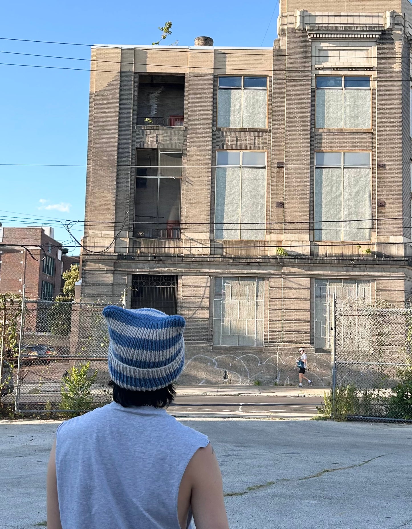 faded blue + grey striped hand knit ear beanie