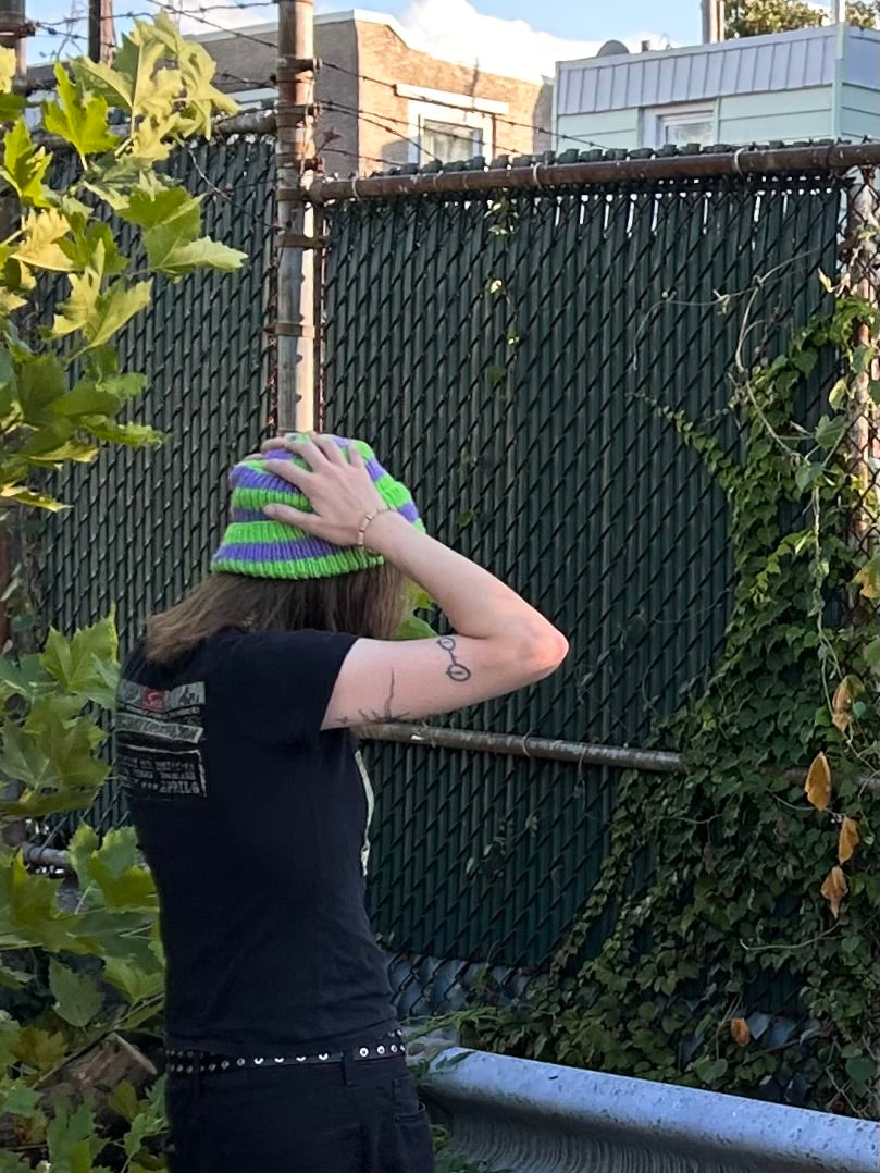 neon green + purple striped hand knit beanie
