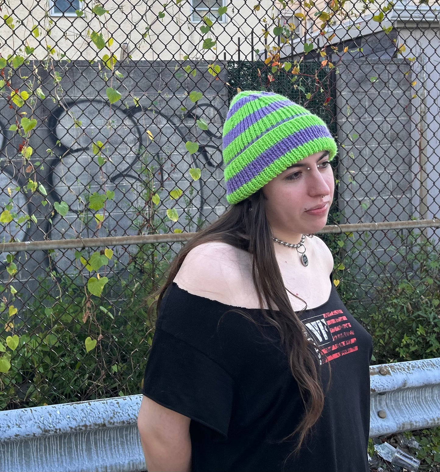neon green + purple striped hand knit beanie