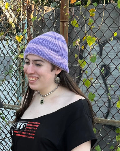 lilac + lavender striped hand knit beanie