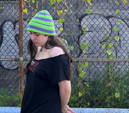 neon green + purple striped hand knit beanie