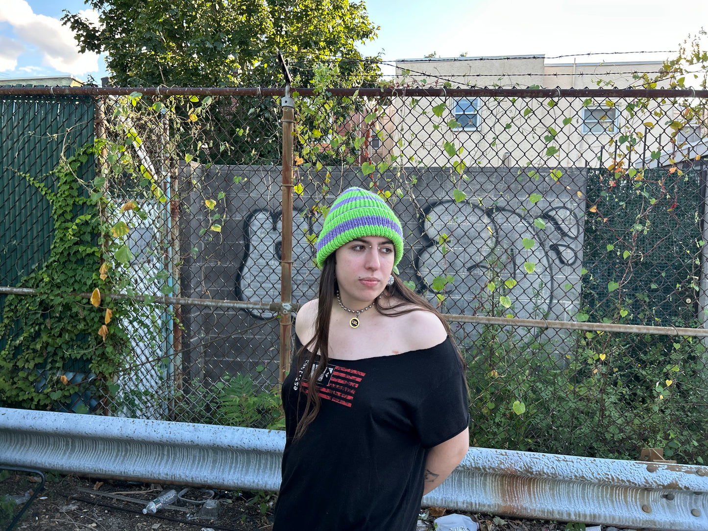 neon green + purple striped hand knit beanie