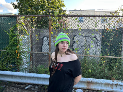 neon green + purple striped hand knit beanie