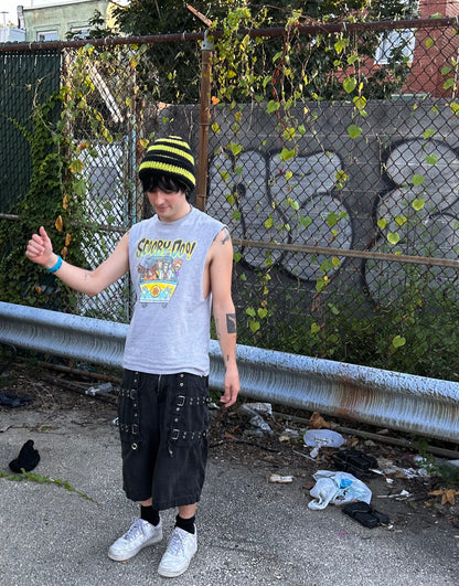 slime green + black striped hand knit beanie