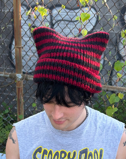 black + red striped hand knit ear beanie