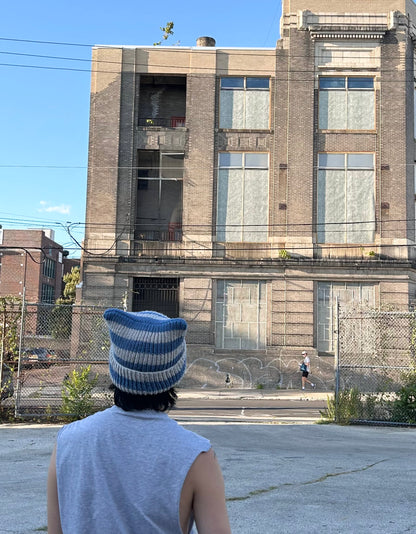 faded blue + grey striped hand knit ear beanie