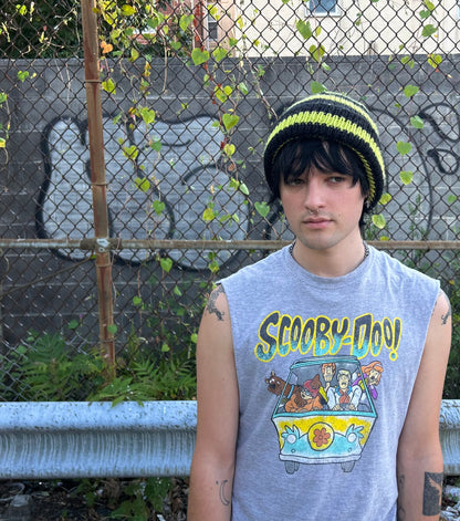 slime green + black striped hand knit beanie