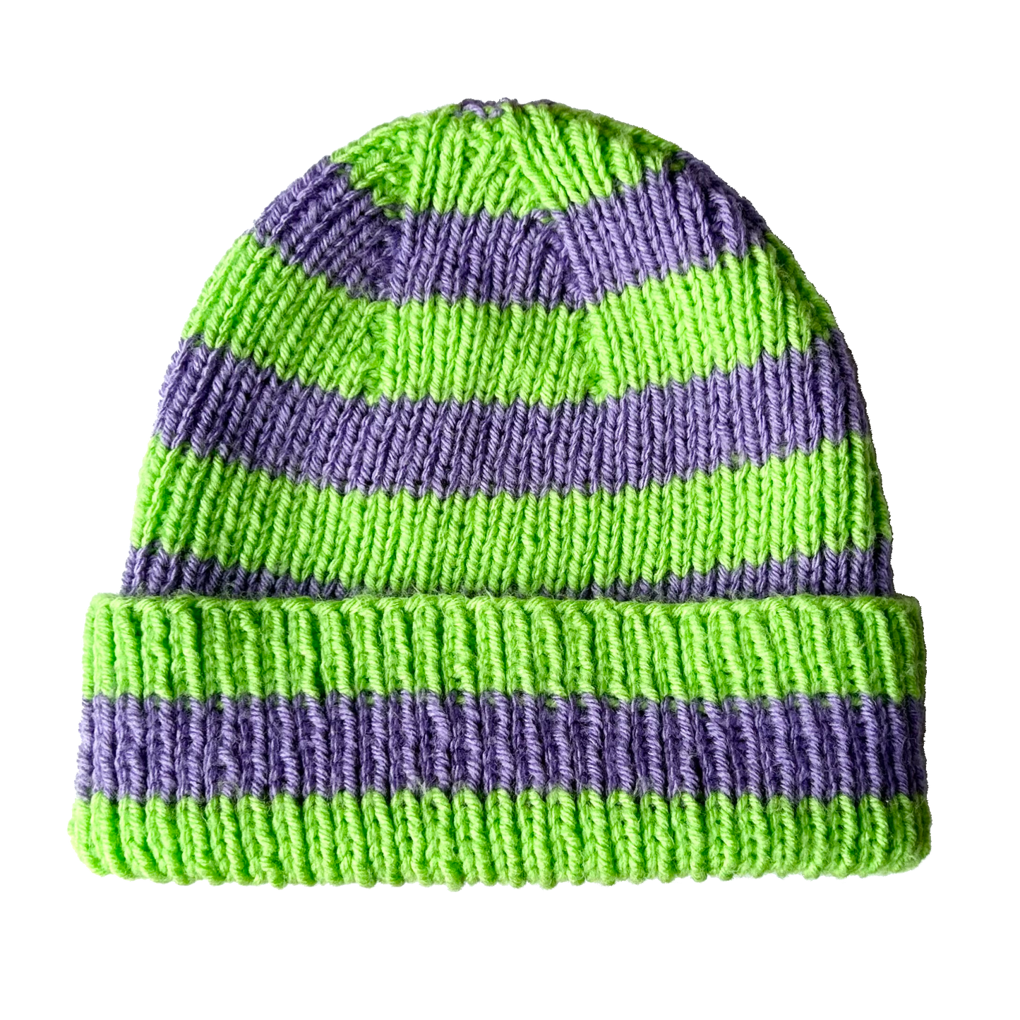 neon green + purple striped hand knit beanie