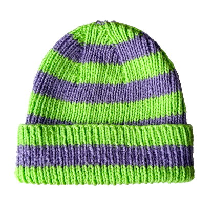 neon green + purple striped hand knit beanie
