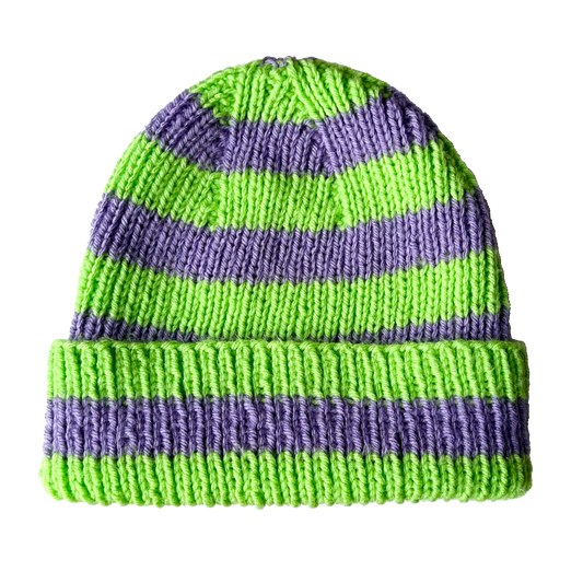neon green + purple striped hand knit beanie