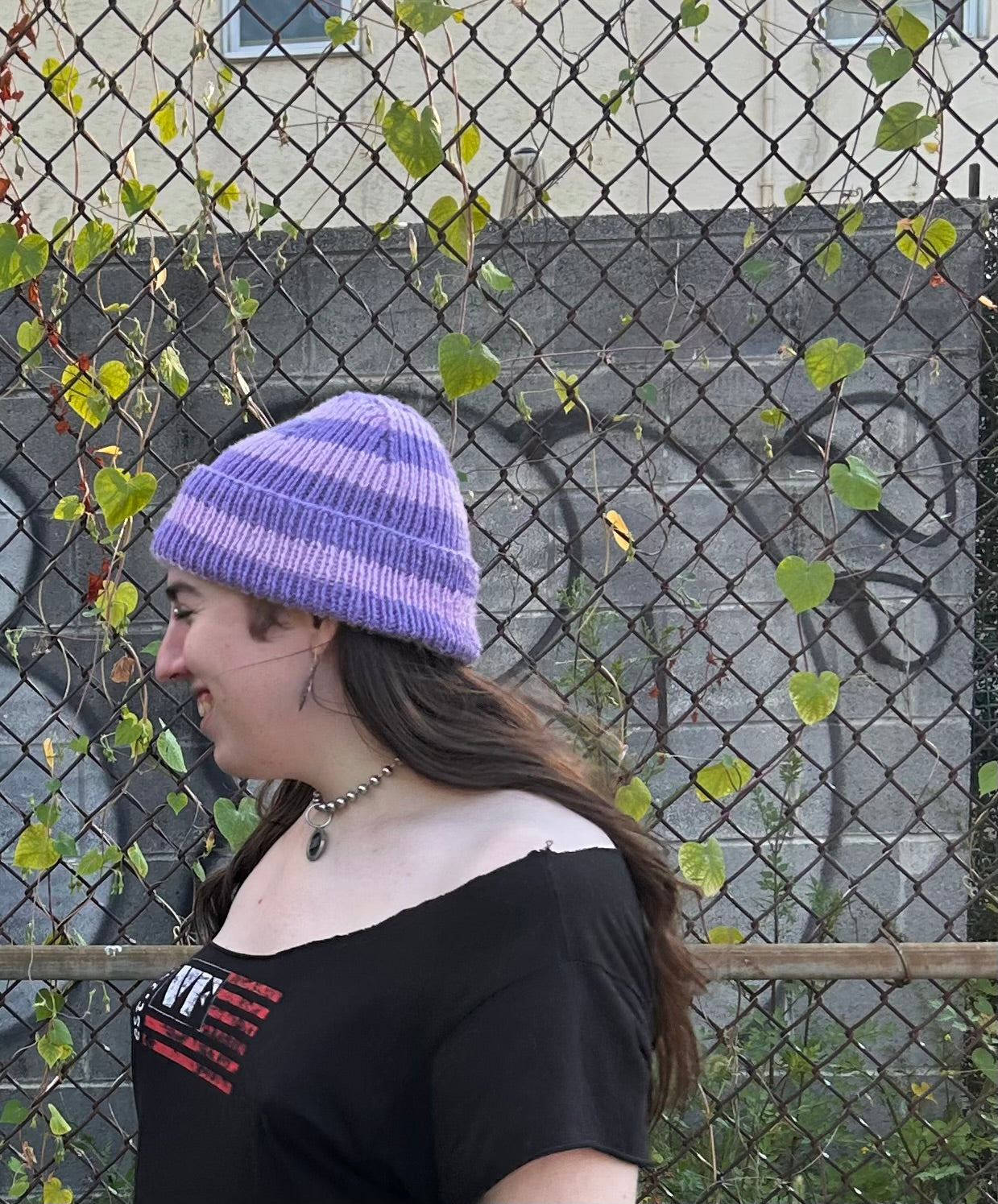 lilac + lavender striped hand knit beanie