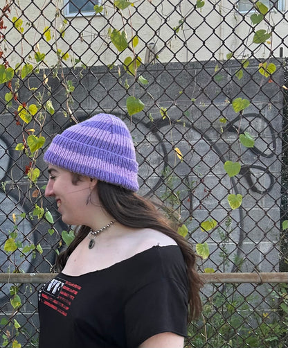 lilac + lavender striped hand knit beanie