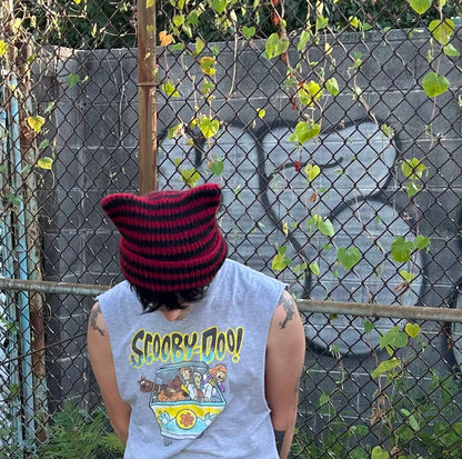 black + red striped hand knit ear beanie