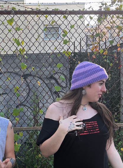 lilac + lavender striped hand knit beanie