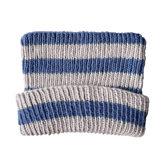 faded blue + grey striped hand knit ear beanie