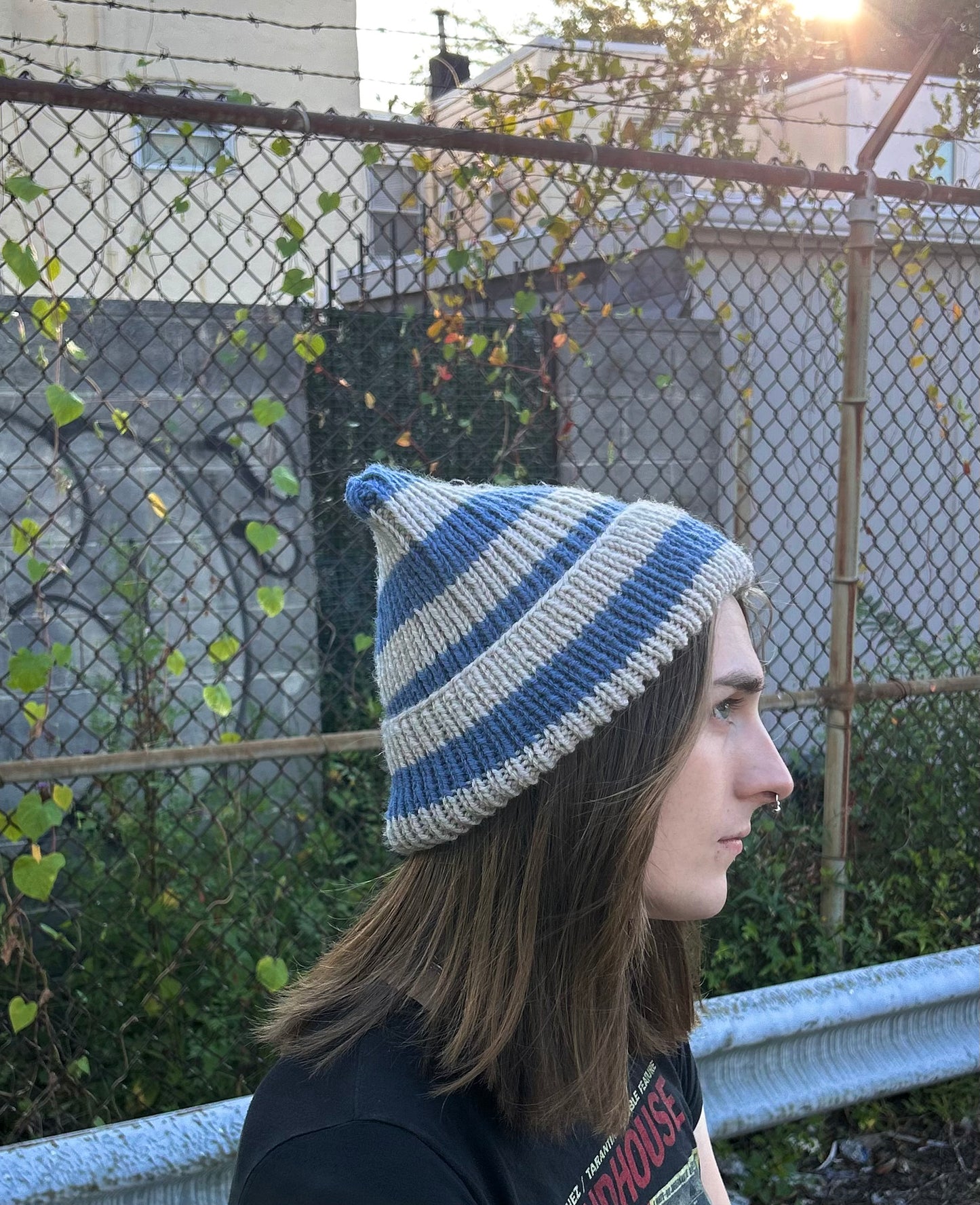 faded blue + grey striped hand knit ear beanie