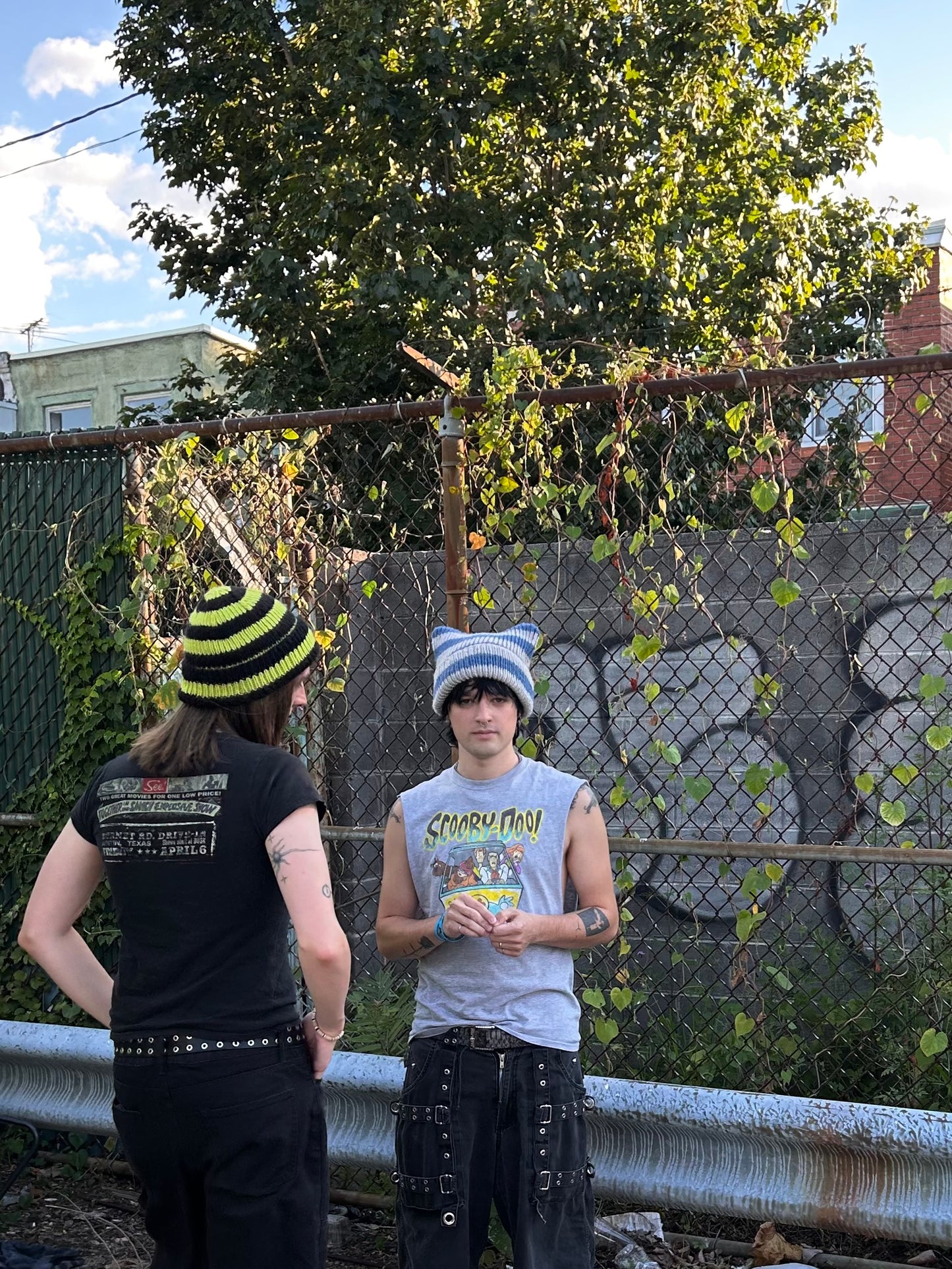 faded blue + grey striped hand knit ear beanie