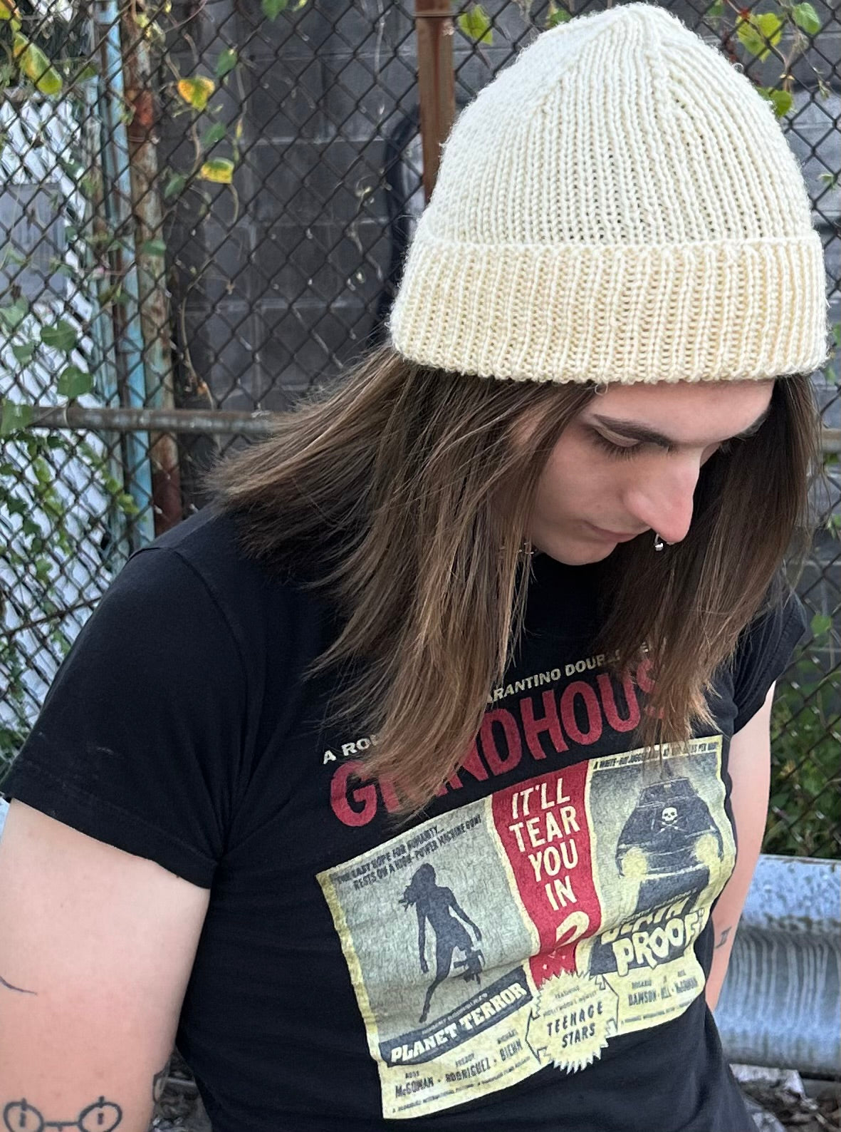 off-white hand knit beanie