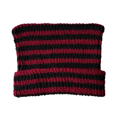 black + red striped hand knit ear beanie