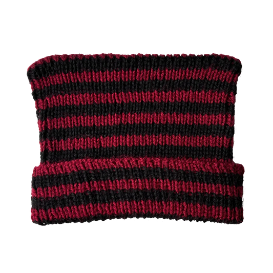 black + red striped hand knit ear beanie