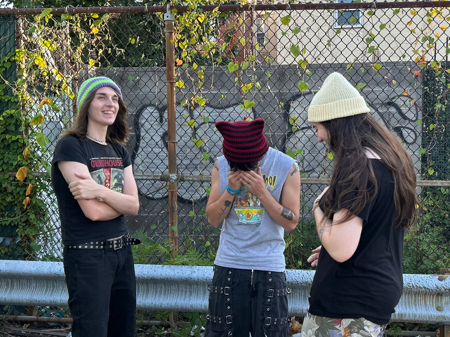 neon green + purple striped hand knit beanie