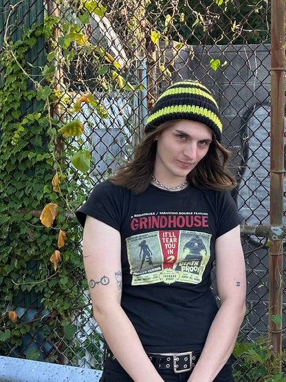 slime green + black striped hand knit beanie