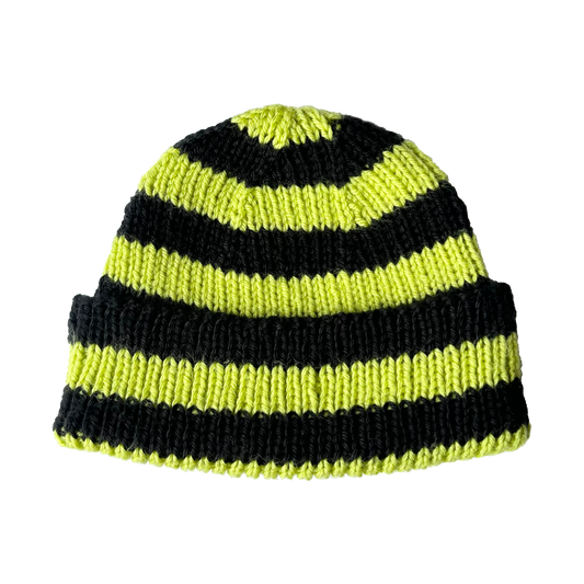 slime green + black striped hand knit beanie