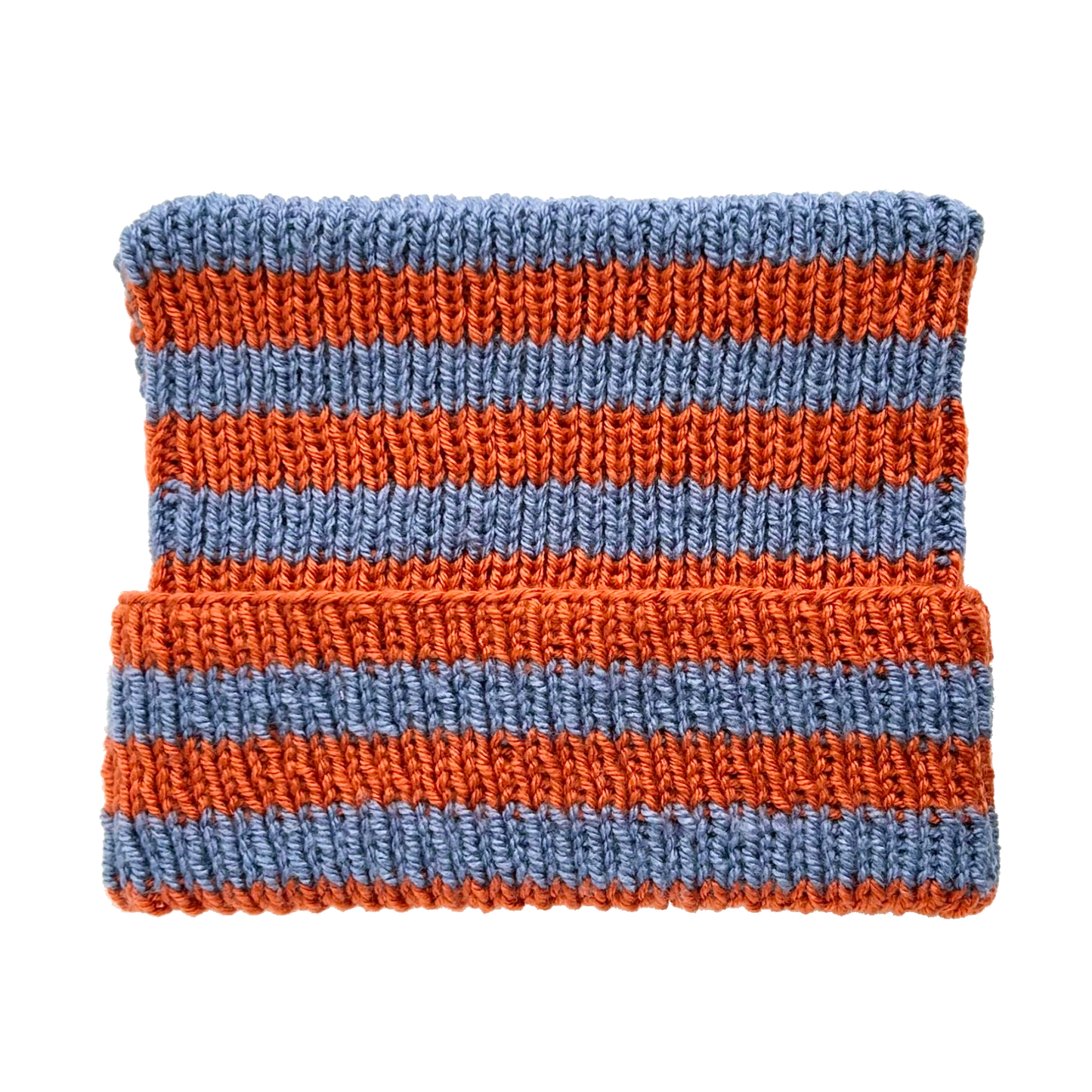 rust + slate blue striped knit beanie