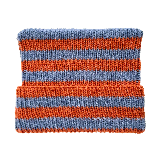 rust + slate blue striped knit beanie